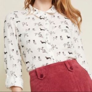 ModCloth Twist On Dog Print Blouse Ivory Black XL